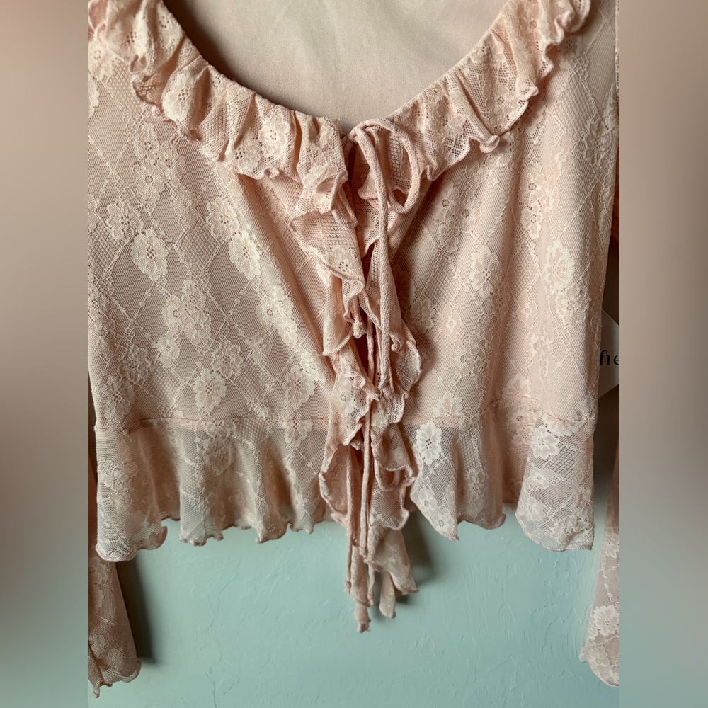 NWT La Peche Baby Pink Lace Ruffle Blouse Front Tie Top Fairycore Coquette - Picture 5 of 6